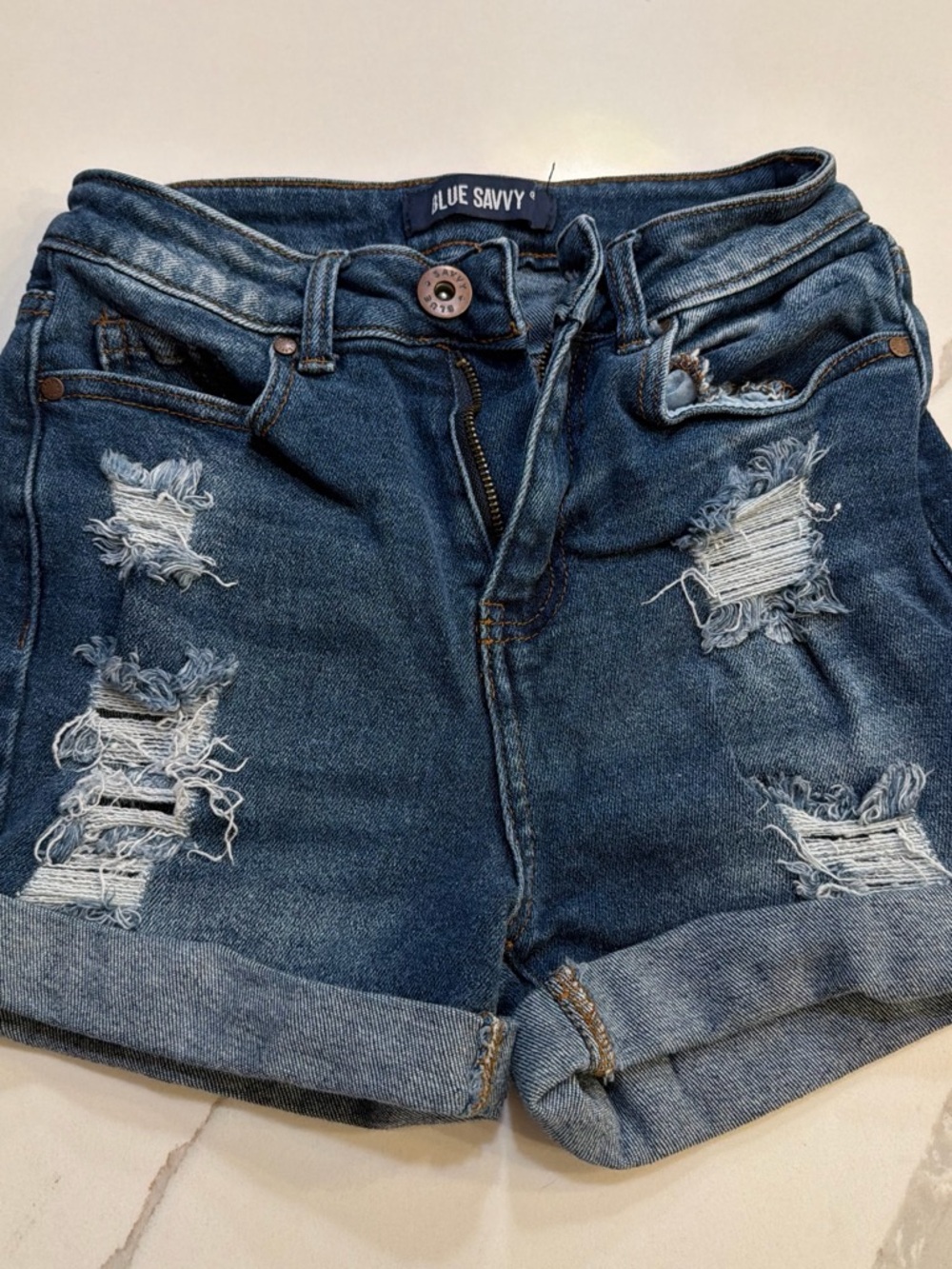 Blue Savvy Women's Distressed Denim Shorts - Medium Blue